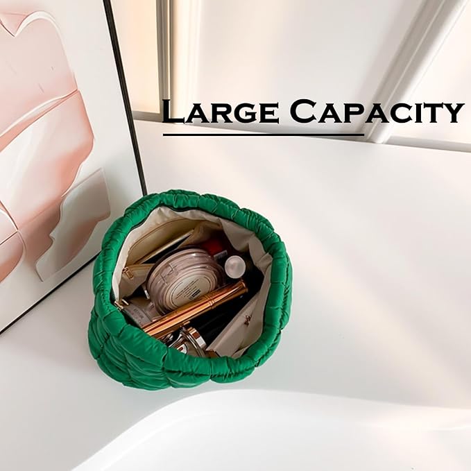 Puffy Quilted Makeup Bag for Women, Cosmetic Bag, Travel Toiletry Organizer Pouch Clutch (green)