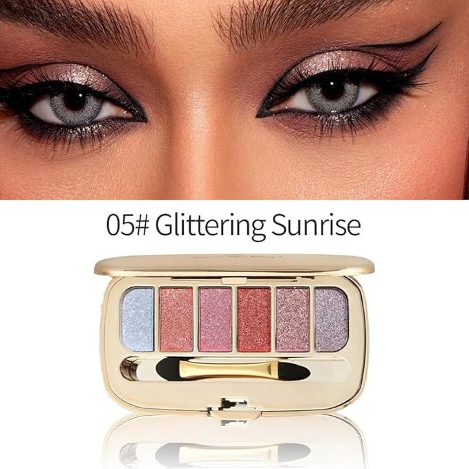 6-Color Glitter Eyeshadow Palette – High Pigment Shimmer Metallic Eye Shadow Kit, Long-Lasting Blendable Sparkle Shades for Daily Makeup, Party Glam, Festival & Creative Eye Looks 05#