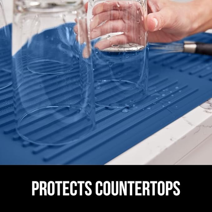 GORILLA GRIP 100% BPA-Free Patented Silicone Dish Drying Mat for Kitchen Counter, Water Catching Ribbed Design, Easy Clean Waterproof Sink Liner, Heat Resistant, Fits Under Rack, 12x16 Inch, Blue