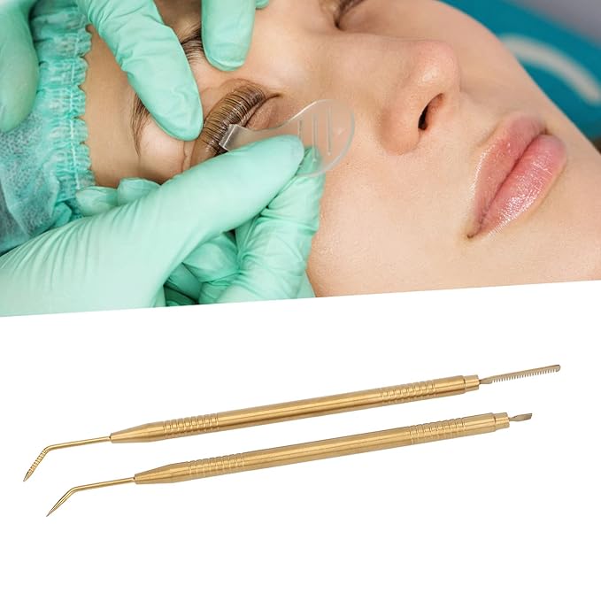 2 Pieces Eyelash Perm Tool,Lash Separator Tint Tool,Stainless Steel Lash Rods Tool with Comb for Eyelash Eyebrow Perming Tinting Curling Extensions (Gold)
