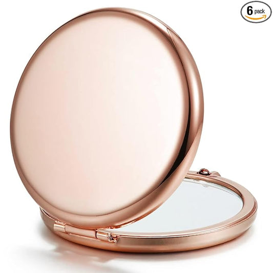 Compact Mirror Bulk, Pack of 6 Double-Sided 1X/2X Magnifying Metal Makeup Mirrors(Round, Rose Gold)