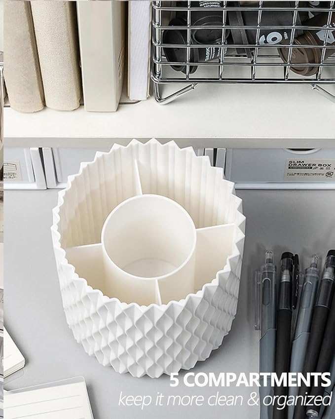 Rotating Pen Pencil Holder for Desk, 5 Slots Unique Grey Desk Pen Organizer Easthetic Desktop Supplies and Accessories for Women Girls, Pen Cup Pencil Caddy for Office Home Art Supply