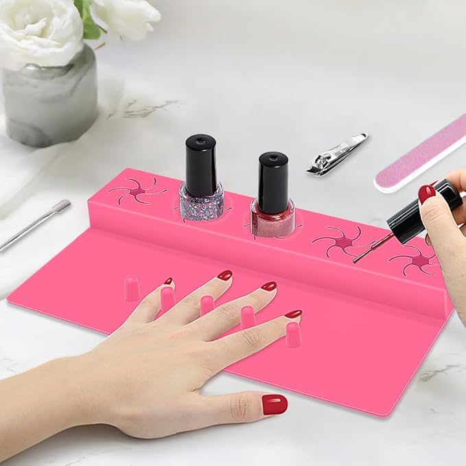 Nail Polish Holder,Silicone Hand Rest Mat Fingernail Painting Tools 2 in 1 Art Accessories Organizer Case Set with Anti-Spill Bottle Stand and Finger Separators for Pedicure Manicure-Rose Red