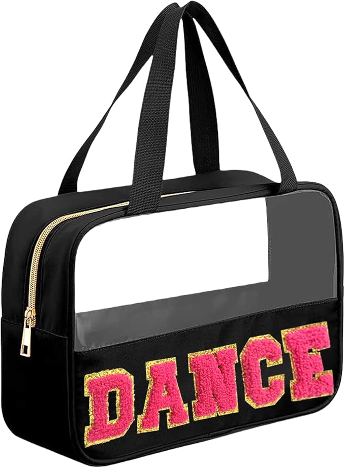 Chenille Letter Bags for Dance Recital Gifts Clear Ballet Dance Makeup Bag with Handle and Zipper Waterproof Nylon Portable Toiletry Bag, Dance Competition Must Haves
