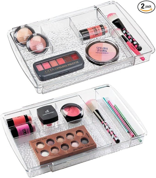 mDesign Expandable Makeup Organizer for Bathroom Drawers, Vanities, Countertops: Organize Makeup Brushes, Eyeshadow Palettes, Lipstick, Lip Gloss, Blush, Concealer - Adjustable Width, 2 Pack - Clear
