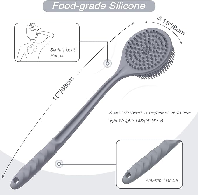 Manmihealth Silicone Back Scrubber (Thick Bristles) & Bath Glove & Face Brush Set(3PCS), Super-Exfoliating & Lathering Body Scrubber, Shower Brush, Face Scrubber Combination, with a Free Hook.(Gray)