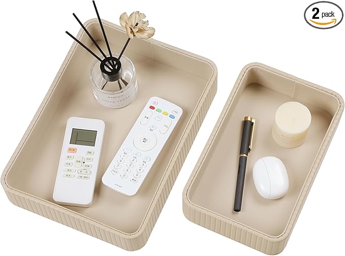 2 Pack Nightstand Organizer Tray, Decorative Perfume Valet Tray Trinket Dish Catch All Purse Key Bowl, PU Leather Coffee Table Trays for Vanity Dresser Bedside Bathroom Countertop (Beige)