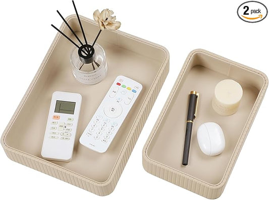2 Pack Nightstand Organizer Tray, Decorative Perfume Valet Tray Trinket Dish Catch All Purse Key Bowl, PU Leather Coffee Table Trays for Vanity Dresser Bedside Bathroom Countertop (Beige)