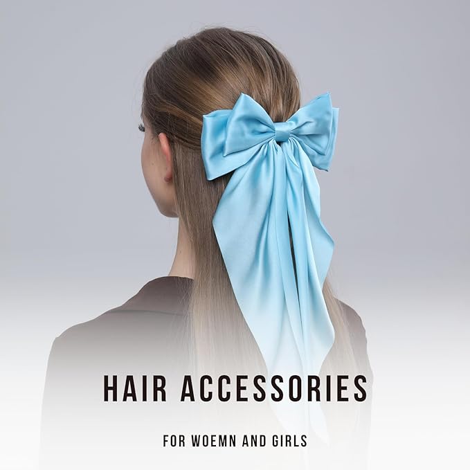 2PCS Big Hair Bow Clips for Women Girls – Light Blue Satin Ribbon Bow Barrettes with Long Tails, Large Pastel Hair Accessories for Ponytail, Spring & Casual Styling