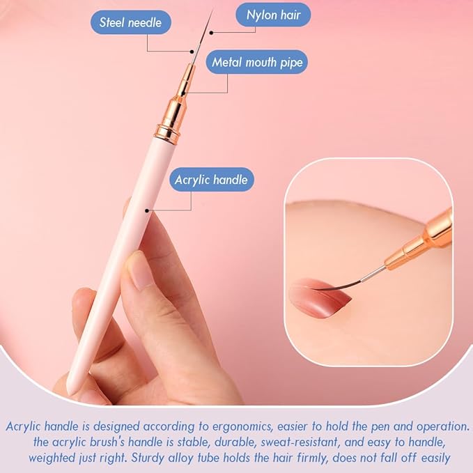 JASSINS Nail Art Liner Brushes, 5Pcs Gel Polish Painting Art Design Pen Set Striping Brushes for Thin Long Lines, Tiny Details, Fine Drawing, Delicate Coloring Sizes 7/9/11/15/25mm
