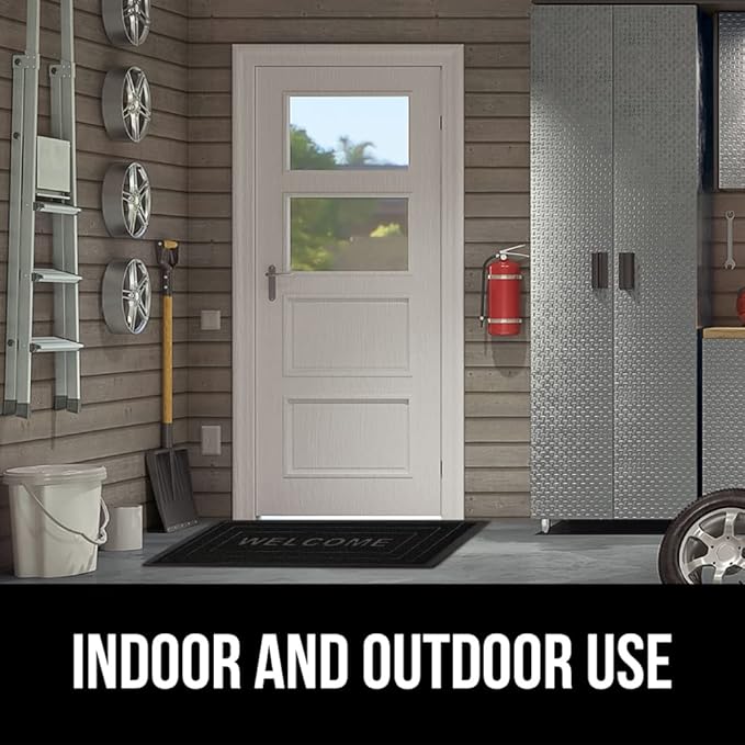 GORILLA GRIP 100% Waterproof All-Season WeatherMAX Doormat, 47x35, US Designed Natural Rubber, Stain and Fade Resistant, Low Profile Indoor Outdoor Door Mats, Easy Clean Patio Mat, Black Welcome