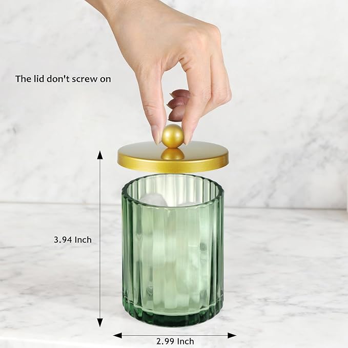 Amolliar Sage Green Glass Qtip Holder Dispenser, Bathroom Canister Apothecary Jar for Cotton Swabs, Cotton Balls, Round Pads, Floss Picks, Countertop Storage Organizer Container for Vanity,Gold 2 Pack