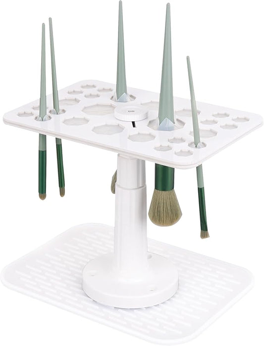 Makeup Brushes Drying Rack with Silicone Mat, Adjustable Makeup Brush Holder, Makeup Brush Display Dryer Stand, 26 Holes Acrylic Brush Organizer Stand (White)