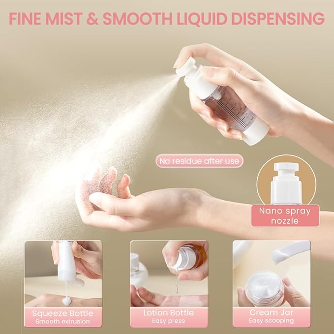 7 Pcs Travel Bottles Kits, TSA Approved Leak Proof Toiletry Container Set, Graduated Vaccumn atomizer and Lotion Bottle, Squeeze Bottle, Transparent Cream Jar, for Shampoo Lotion Cream Cosmetic