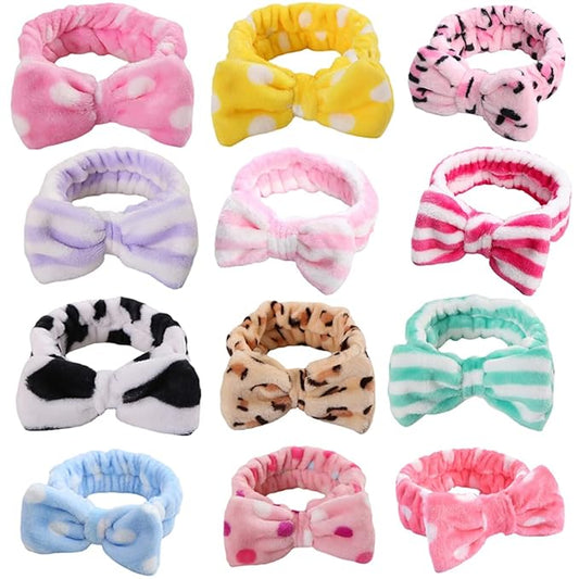 12pcs Spa Headband Soft Bowknot Spa Hair Band Coral Fleece Headband Makeup Headbands for Face Washing Skin Care Shower Yoga Headwraps for Women Girls (Pattern E)