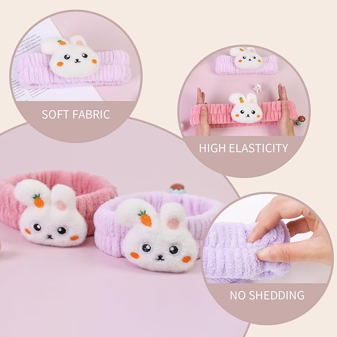 Kawaii Spa Headbands for Women Girls - 2 Pack Cute Bunny Soft Fleece Facial Headbands for Makeup, Skincare and Face Washing, Dark Pink+Purple Rabbit