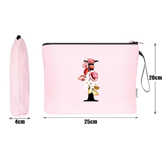 Vavabox A-Z Personalized Makeup Bag, Birthday Gifts for Women Mom, Gifts for Best Friend, Bride Bridesmaid Cosmetic bag (I, Pink)