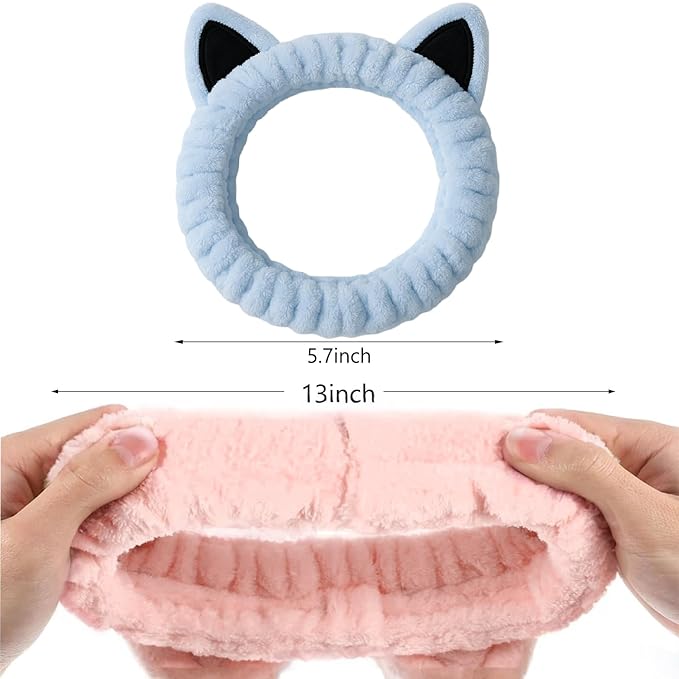 2 Pcs Cat Ears Headband, Cute Spa Headbands for Washing Face Skincare Makeup Headbands for Women Girls Trendy Stuff Present Soft Coral Fleece Hair Accessories(Light Blue + Pink)