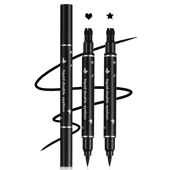 2PCS Double-headed Eyeliner Stamp Pencil Black Liquid Winged Eyeliner Stamp Pen Waterproof Smudgeproof Eye Liner Stamp for Eye Makeup(Heart+Star)
