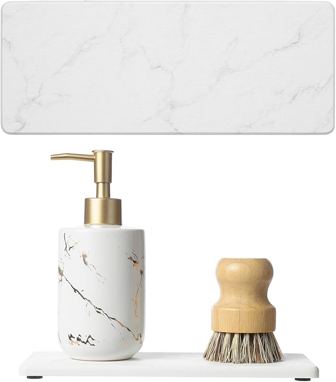 2PCS Diatomite Marble Tray Water Absorbing Mat for Kitchen Counter, Stone Drying Vanity Caddy for Bathroom Sink,Faucet Splash Guard,Soap Dispenser Rack Sponge Holder Organizer, White, 9"x3.5"