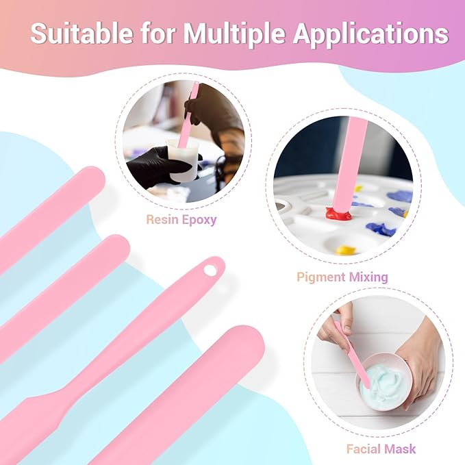 Gartful Silicone Stir Sticks Kit for Epoxy, 2pcs Spatula Scraper, 2pcs Large Silicone Resin Stirring Sticks, Reusable DIY Craft Tool for Mixing Resin, Paint, Waxing, Liquid, Set of 4, Pink