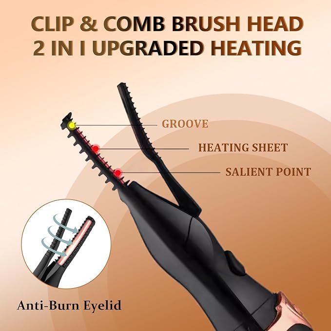 Heated Eyelash Curler - 2-in-1 Clip-Type Design, 3 Temperature Modes, USB Rechargeable Electric Eyelash Curler, Natural Curling 24H Long-Lasting Curl, Gift for Women & Girls, Brown Black