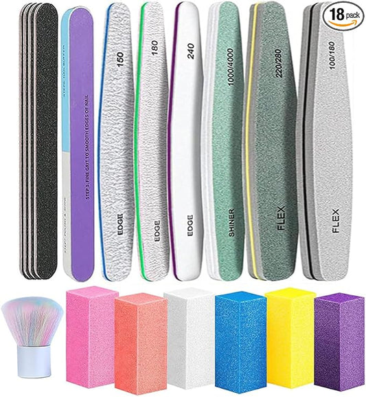 Nail Files and Buffers - TONOKAILS 18Pack Manicure Tools Kit, Nail File Set Double Sided Nail Files for Acrylic Dip Nails, 6Pcs Four Sided 120 Grit Nail Buffer Block Sponge Polished for Home Salon