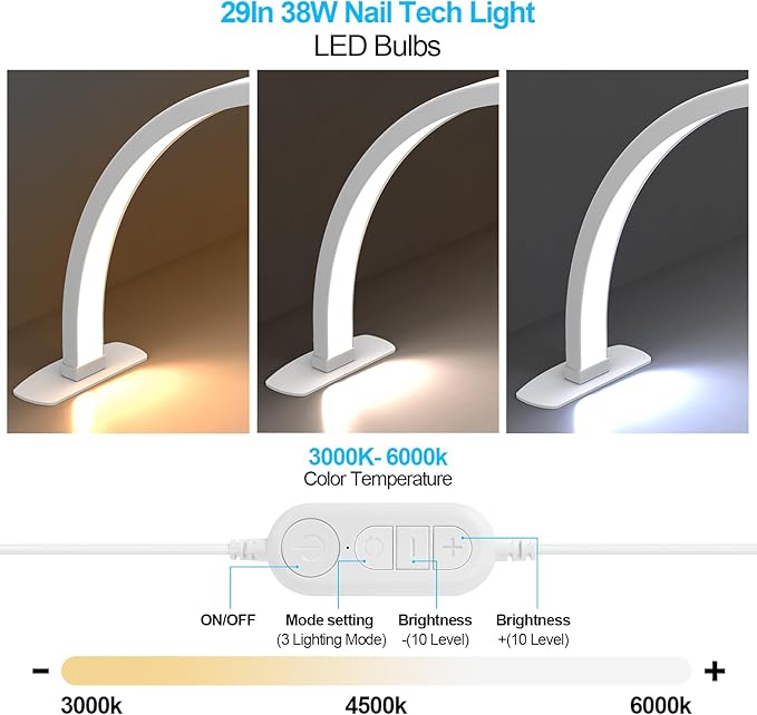 Foldable Large Half Moon LED Light,29" Arch Light for Table Nail Desk with Phone Stand, Upgrade Arch Light for Nail Techs with Wire Controller for Manicure Tattoo Beauty (White, Large)