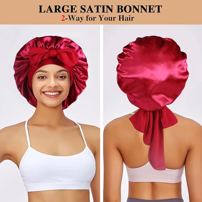 2+3 Large Satin Bonnets with Scrunchies for Women, Hair Bonnet Sleeping Tie Bonnet for Braids Curly Hair