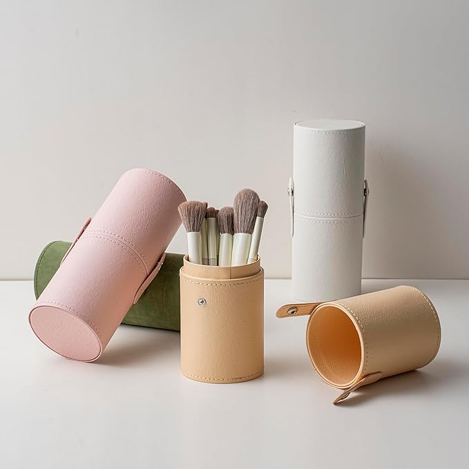 Portable Makeup Brush Holder, Waterproof PU Leather Travel Makeup Brush Case Bag Cup, Brush Storage Dustproof Bag (04Beige)