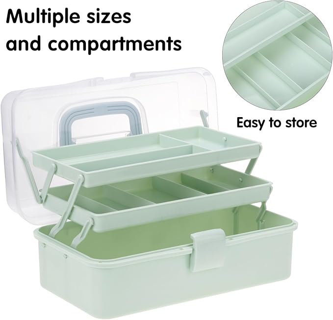 OUTUXED 12.5inch 3-Layer Multipurpose Craft Organizers, Portable Folding Toolbox, Plastic Tool Box with Handle for Sewing Supplies, Medicine, Art Supplies, Nails and Hair Accessories(Haze Green)