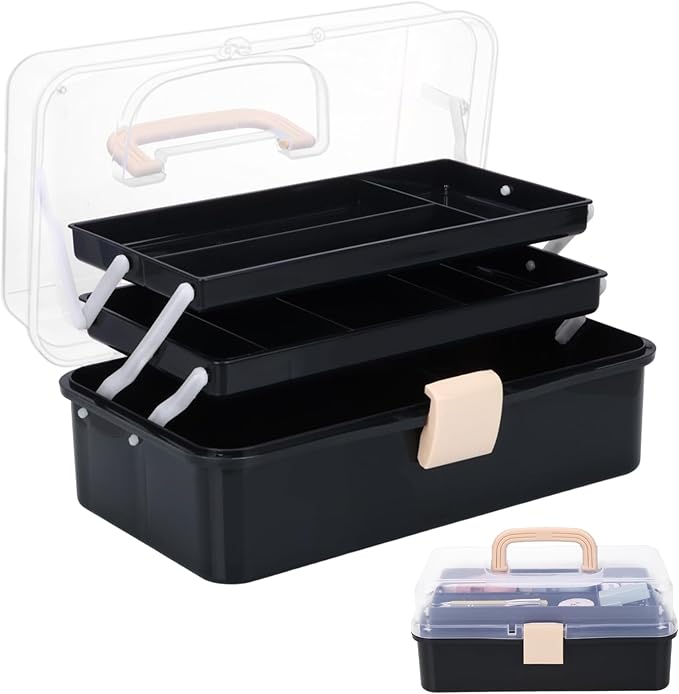 OUTUXED 12.5inch 3-Layer Multipurpose Craft Organizers, Portable Folding Toolbox, Plastic Tool Box with Handle for Sewing Supplies, Medicine, Art Supplies, Nails and Hair Accessories(Black)
