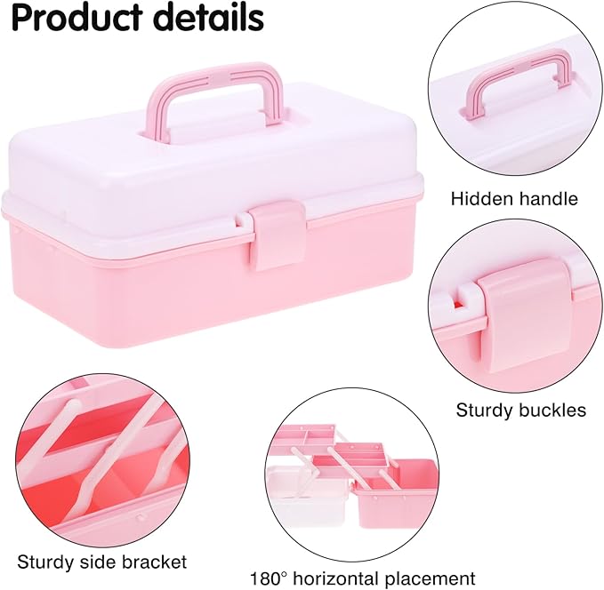 OUTUXED 12.5inch 3-Layer Multipurpose Craft Organizers, Portable Folding Toolbox, Plastic Tool Box with Handle for Sewing Supplies, Medicine, Art Supplies, Nails and Hair Accessories(Dusty Pink)