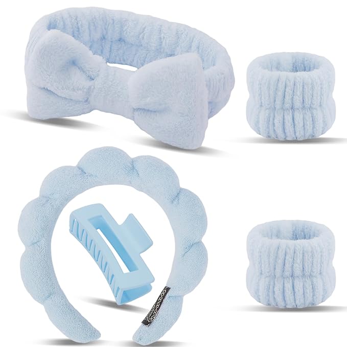 Canitor Spa Headband Wrist Bands Set with Hair Clips Skincare for Washing Face Skin Care Puffy Makeup Preppy Teen Girl Gifts Cute Trendy Stuff Hair Accessories for Women (blue)
