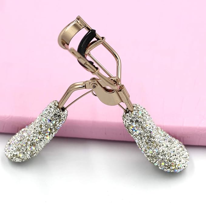 Bling Rhinestones Makeup Eyelash Curler with Refill Silicone Pressure Pads and Spring Loaded for No Pinching or Pulling (Silver)