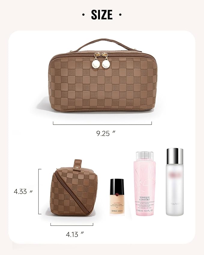 EACHY Travel Makeup Bag, Large Capacity Cosmetic Bag for Women, Waterproof PU Leather, Flat Open Portable Toiletry Bag for Skincare, Brushes & Travel Essentials