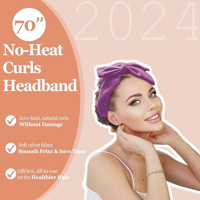 Heatless Curls Overnight, 70'' Velvet Hair Curlers for Long Hair, No Heat Hair Rollers - Purple