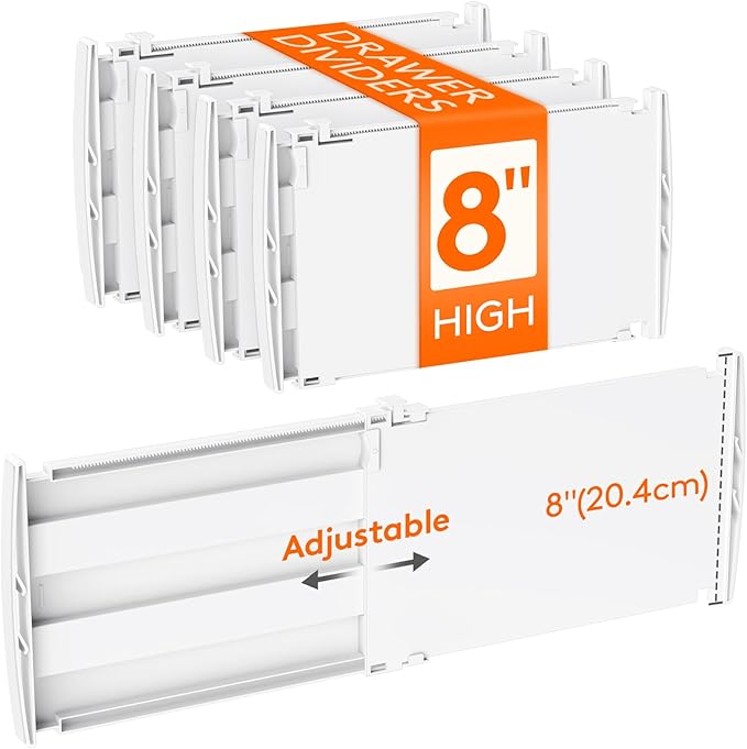 Lifewit 8" High 4 Pack Deep Drawer Dividers, 35 –55cm/13.8-22.5" Adjustable Dresser Drawer Divider, White Drawer Organizer for Clothes, Tall Drawer Separator for Dresser Kitchen Bedroom Cabinet Office