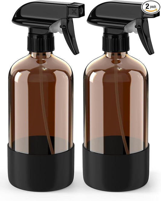Bontip Glass Spray Bottle with Silicone Sleeve Protection, Amber Glass Spray Bottle Set for Window Cleaner Aromatherapy Facial Hydration Watering Flowers Hair Care 2 Pack/16 oz (Black)