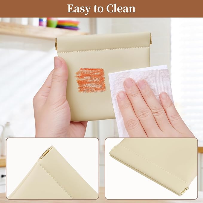 2 Pack Small Makeup Bag for Women, New Organosilicon Super Fiber Leather Mini Cosmetic Bag for Travel, Coin Purse Organizer Storage Pouch (Beige)