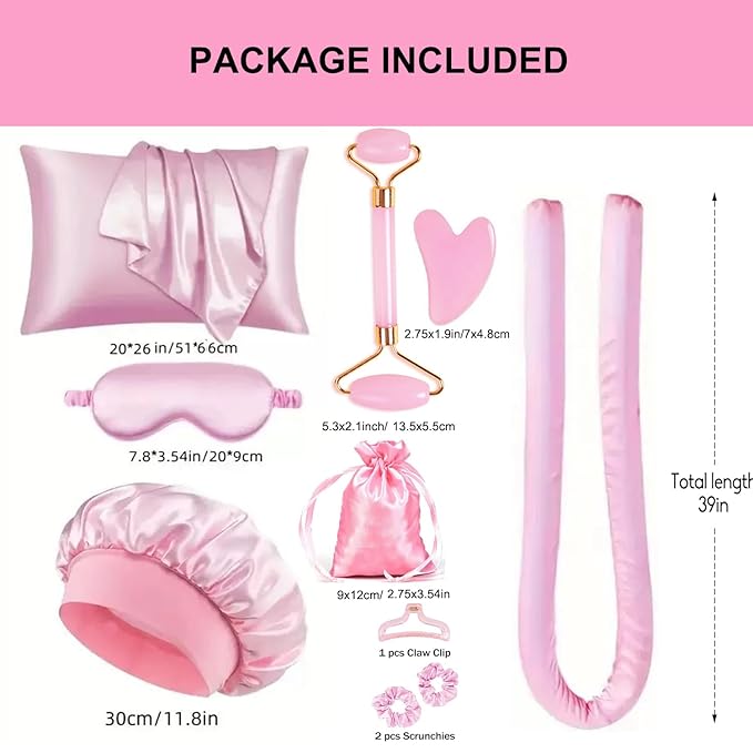 Heatless Curls Overnight Hair Curlers with Satin Pillowcase for Hair and Skin Queen Set, Sleeping Bonnet Eye Mask and Face Massager, 12pcs Hair Styling Tools Set for Sleeping(Pink)
