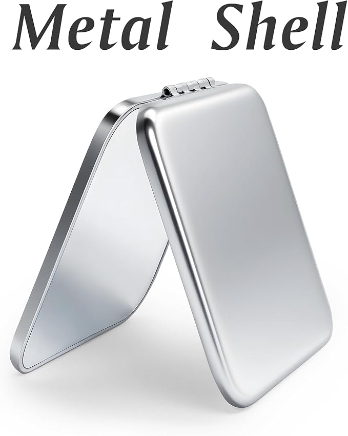 Compact Mirror for Purse, Metal Square Shell, Double-Sided 1X/2X Magnifying, Portable Travel Makeup Mirror, Mini Pocket Mirror, Sliver, 2 Packs