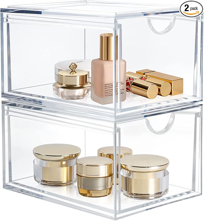 2 Pack Clear Stackable Storage Drawer, Bathroom Makeup Organizer, Plastic Storage Bins, Acrylic Organization and Storage for Vanity, Kitchen Cabinets, Pantry, Undersink