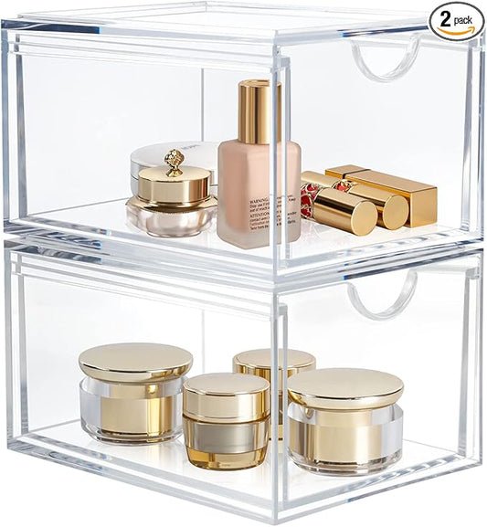 2 Pack Clear Stackable Storage Drawer, Bathroom Makeup Organizer, Plastic Storage Bins, Acrylic Organization and Storage for Vanity, Kitchen Cabinets, Pantry, Undersink