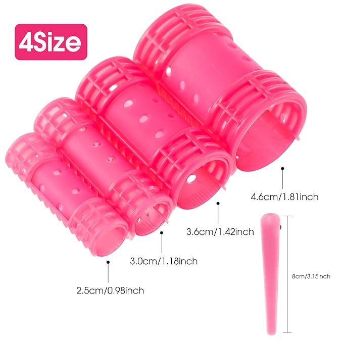 WILLBOND 65 Pieces Magnetic Hair Rollers Set Plastic Rollers Curlers with Clips 4 Sizes for Long Medium Short Hair, Duck Clips Hairnet Hairdressing Styling Tool(Pink)