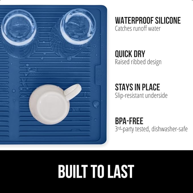 GORILLA GRIP 100% BPA-Free Patented Silicone Dish Drying Mat for Kitchen Counter, Water Catching Ribbed Design, Easy Clean Waterproof Sink Liner, Heat Resistant, Fits Under Rack, 12x16 Inch, Blue