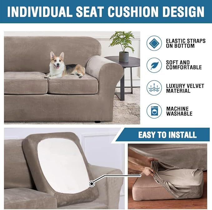 H.VERSAILTEX Rich Stretch 2 Piece Chair Cover Chair Slipcover Sofa Cover Furniture Protector Couch Soft with Elastic Bottom Chair Couch Cover with Arms Width Up to 49 Inch(Chair, Taupe)