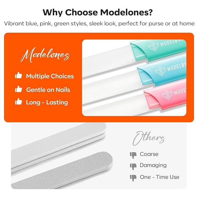 Modelones Nail Files, 3 PCS Crystal Glass Nail Files with 180/240 Grit – Double-Sided Reusable Fingernail Buffers & Cuticle Remover for Home, Travel, and Salon Manicure