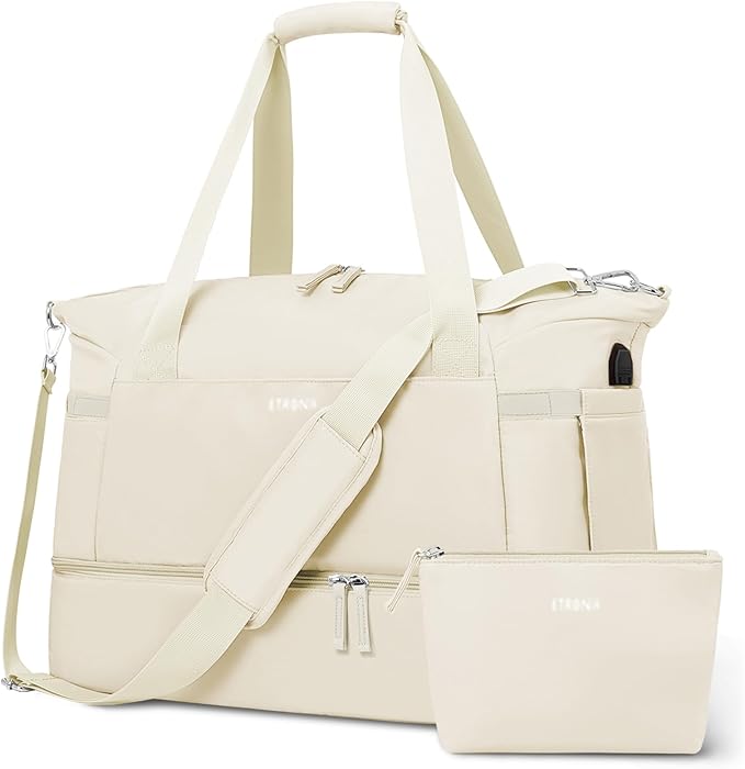 ETRONIK Gym Bag for Women, 45L Carry On Travel Duffel Bag with Shoes Compartment, Weekender Overnight Bag with Wet Pocket & USB Charging Port for Women, Travel, Gym, Weekend, Large Size (Beige)