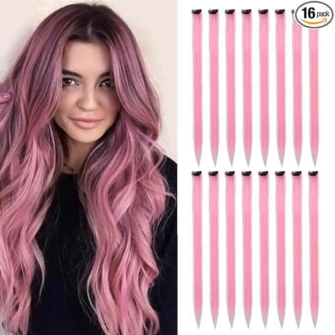 Colored Clip in Hair Extensions 20Inch Straight Syntactic Pink Color Hairpiece Rainbow Party Highlights for Women 16Pcs (Pink Ⅱ)